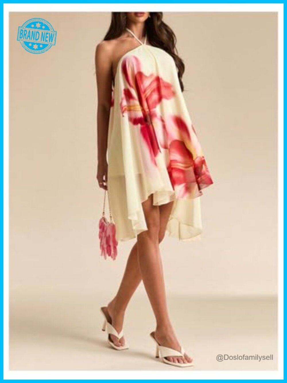 Flowy Floral Halter Mini Dress Ruffle Backless Summer Rave Concert - Picture 3 of 4